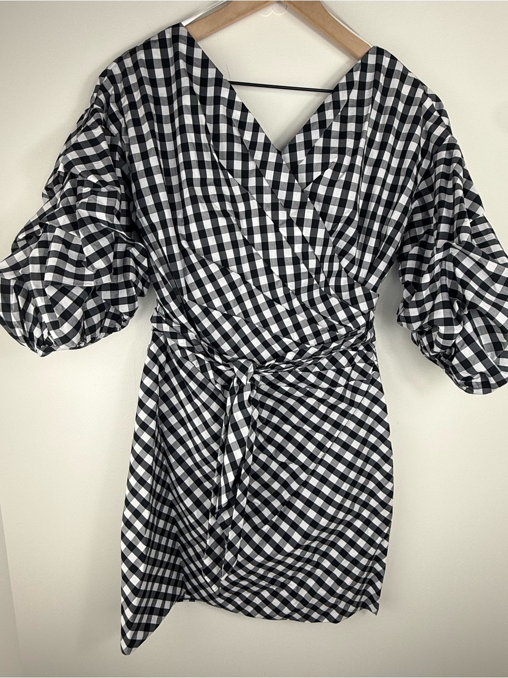 Gianni Bini Black and White Gingham Puff-Sleeve Wrap Mini Dress